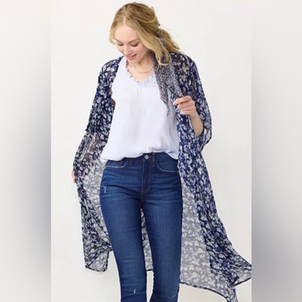 Lauren Conrad Long Semi Sheer Blue Lilac Floral Open Back Kimono Duster Coverup